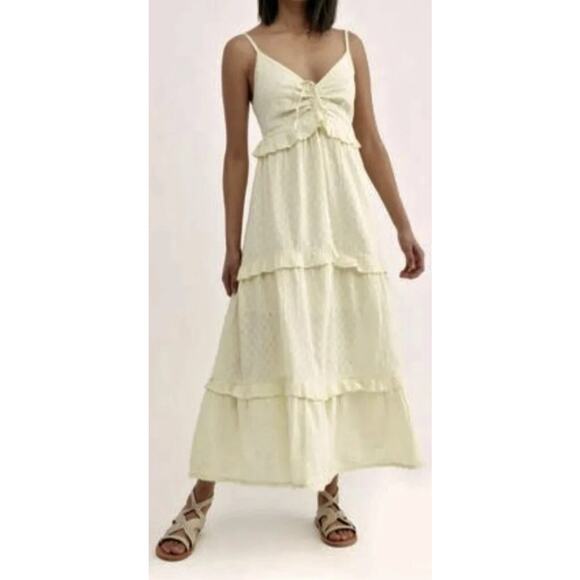 Free People Maxi Dress Sz XS Belong To You Lemon Tiered Dotted Crochet Ruffle - Picture 1 of 10